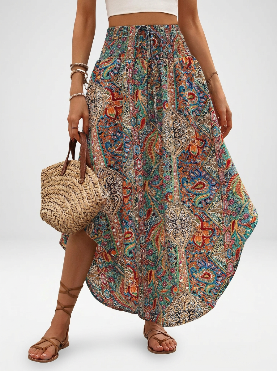 Paisley Print Asymmetric Maxi Skirt