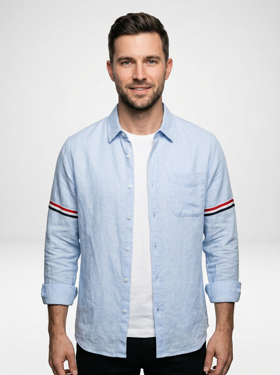 Men’s Minimal Linen Button Down Shirt with Contrast Sleeve Stripes