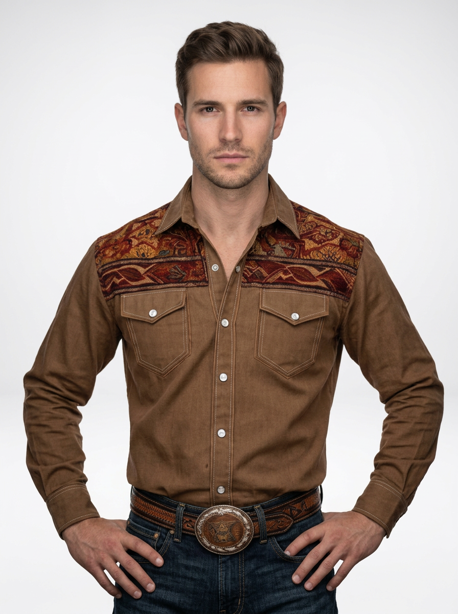 Men’s Brown Floral Print Western Style Long Sleeve Cowboy Shirt