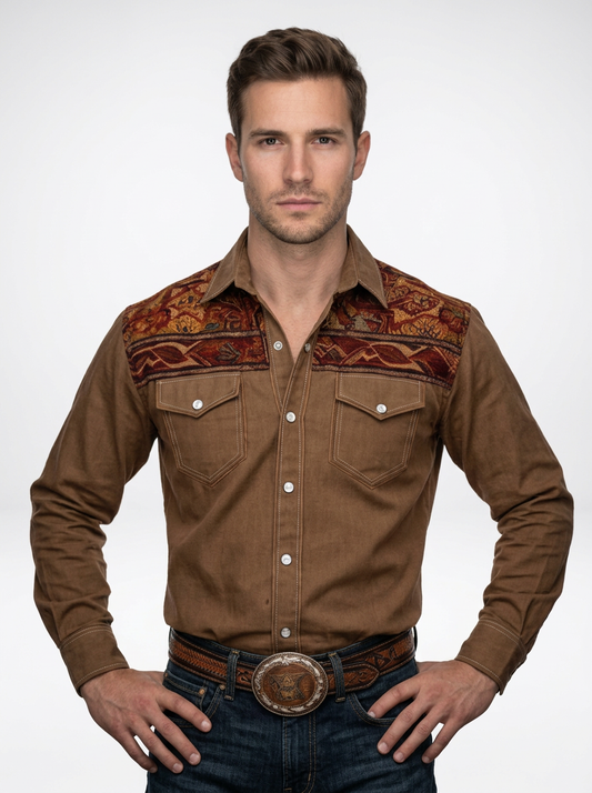 Men’s Brown Floral Print Western Style Long Sleeve Cowboy Shirt