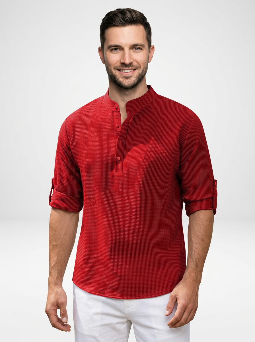Men’s Long Sleeve Henley Stand Collar Button Shirt