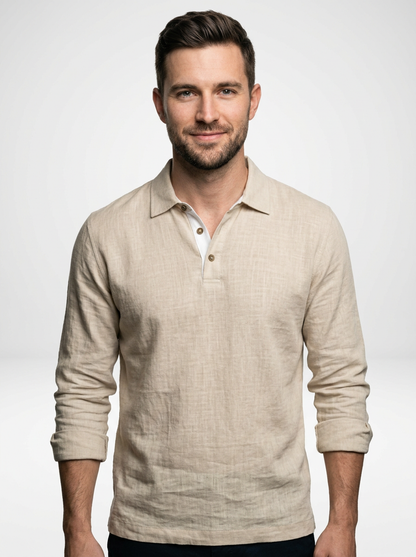 Men’s Linen Long Sleeve Polo Shirt with Relaxed Fit