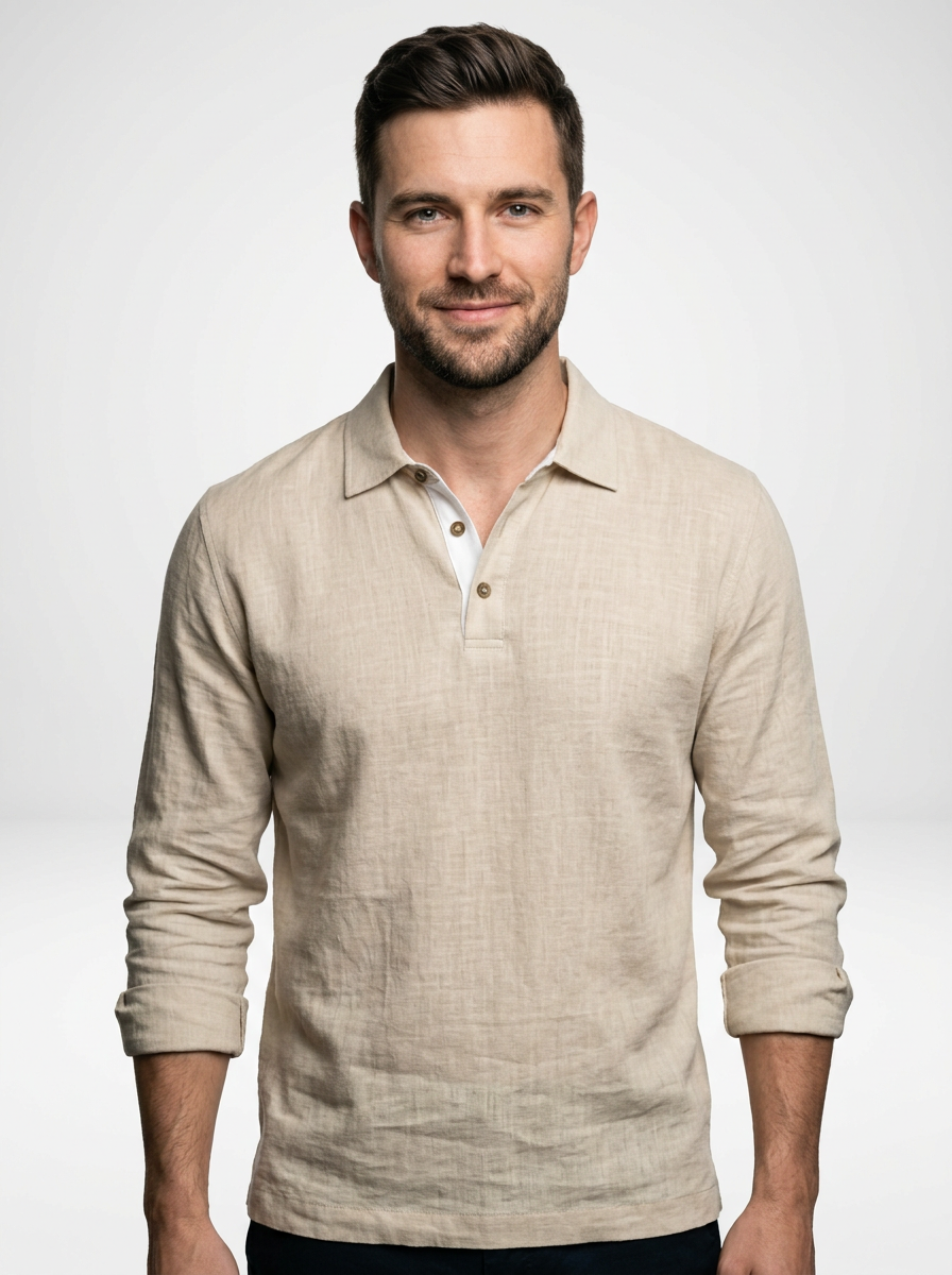 Men’s Relaxed Fit Linen Long Sleeve Polo Shirt