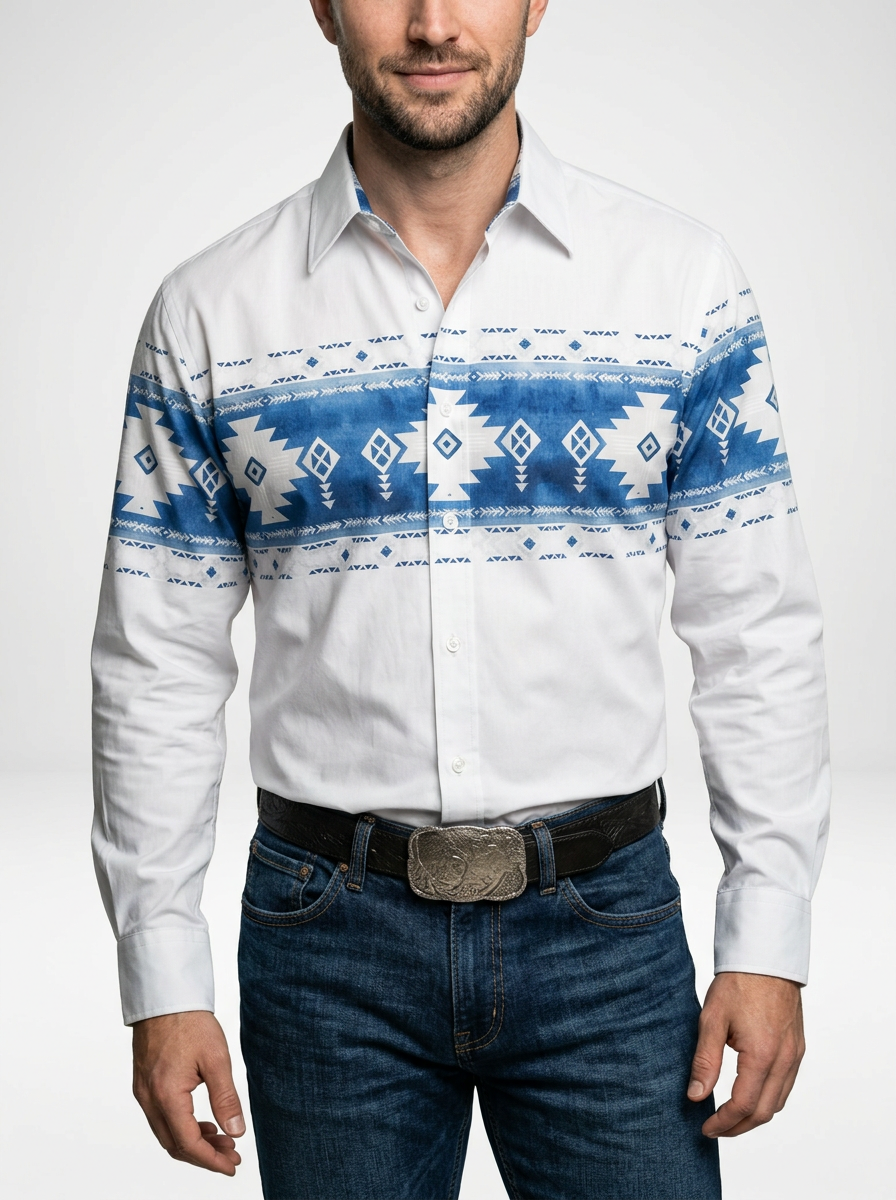 Men’s Retro Geometric Print Western Long Sleeve Cowboy Shirt