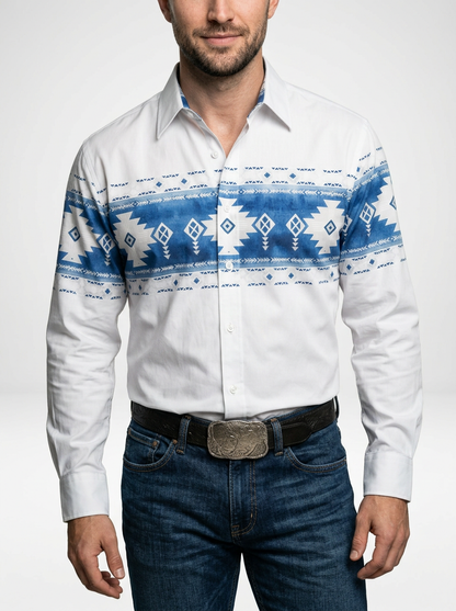 Men’s Retro Geometric Print Western Long Sleeve Cowboy Shirt