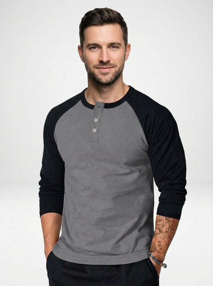 Men’s Long Sleeve Henley Shirt with Contrast Raglan Sleeves