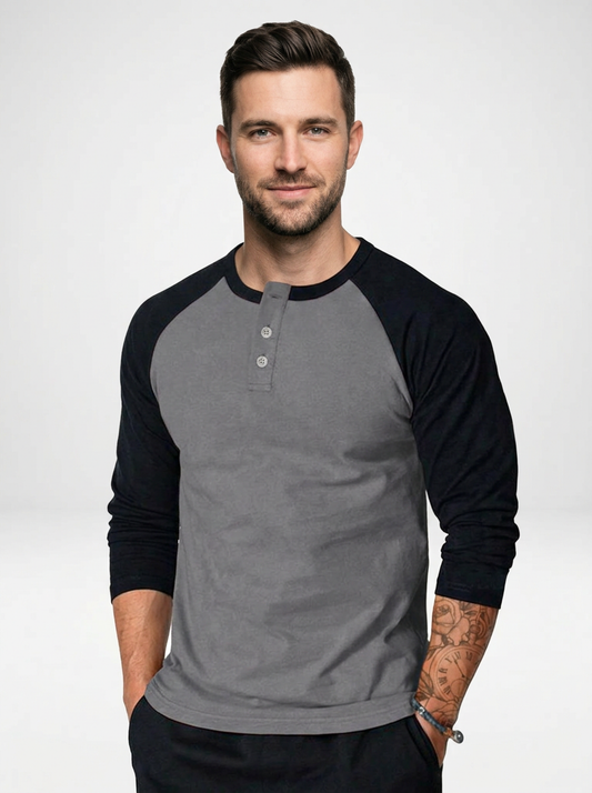 Men’s Long Sleeve Henley Shirt with Contrast Raglan Sleeves