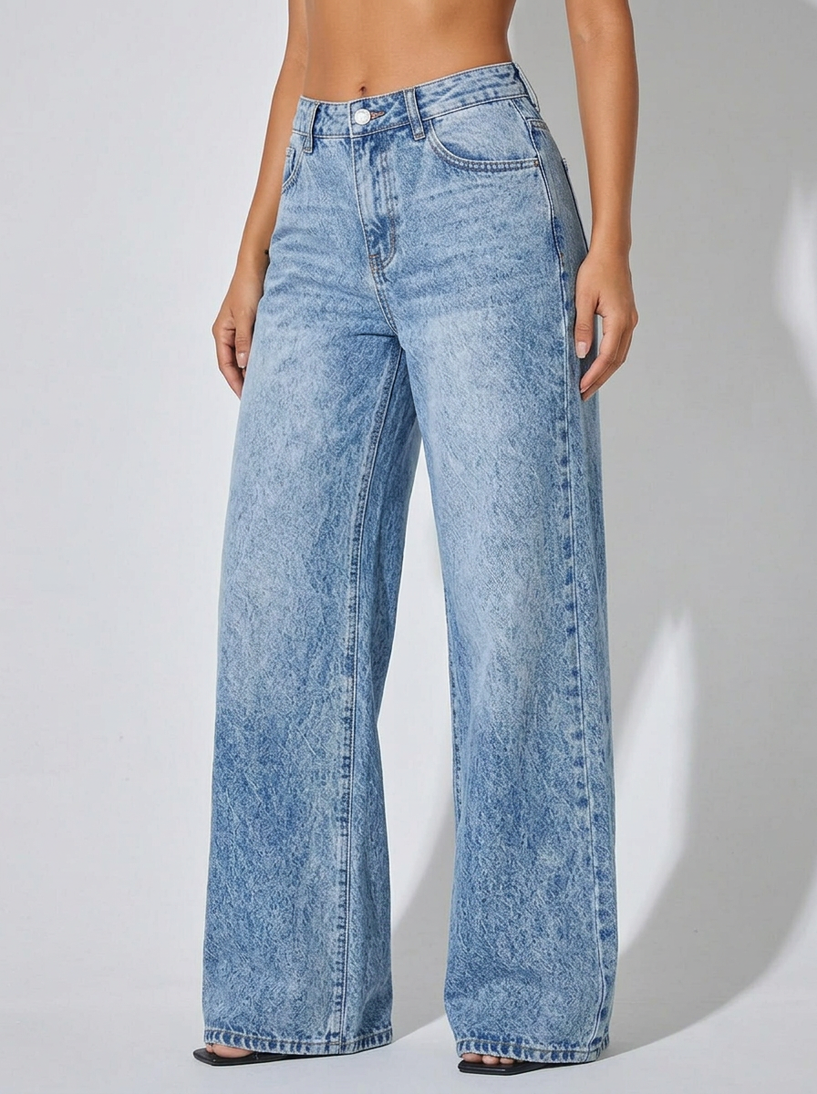 Women's Low Waist Wide Leg Blue Denim Jeans
