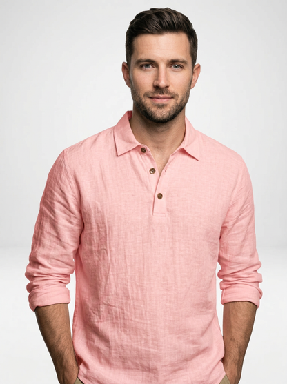 Men’s Relaxed Fit Linen Long Sleeve Polo Shirt