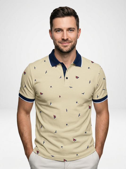 Men’s Short Sleeve Polo Shirt with All-Over Print and Contrast Trim