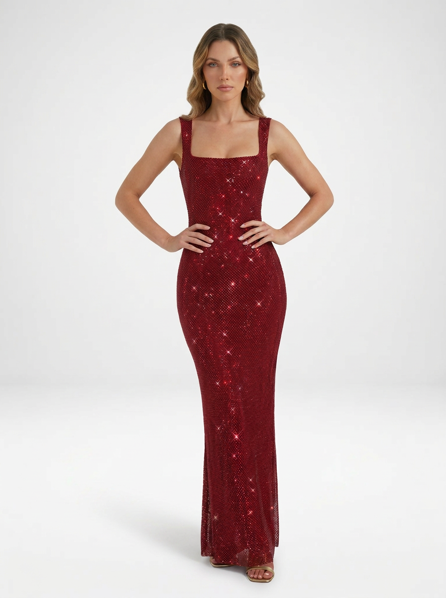Embellished Satin Evening Maxi Dress