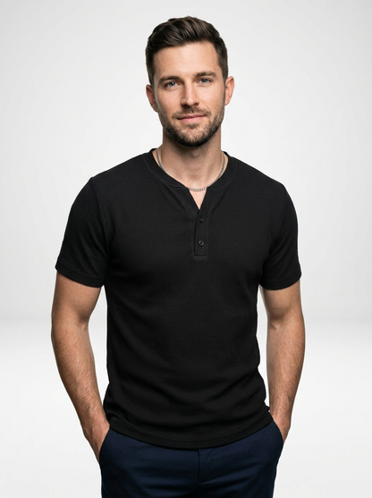 Men’s Short Sleeve Henley Tee Featuring Notched Collar and Button Accents