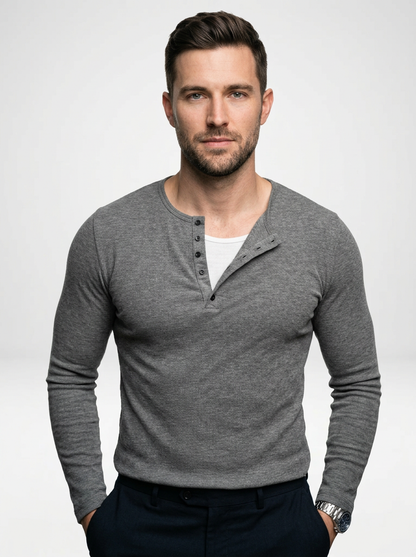 Men’s Ribbed Long-Sleeve Henley Shirt Featuring a Partial Button Front