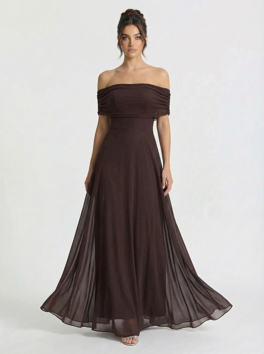 Off Shoulder Flowing Chiffon Maxi Dress
