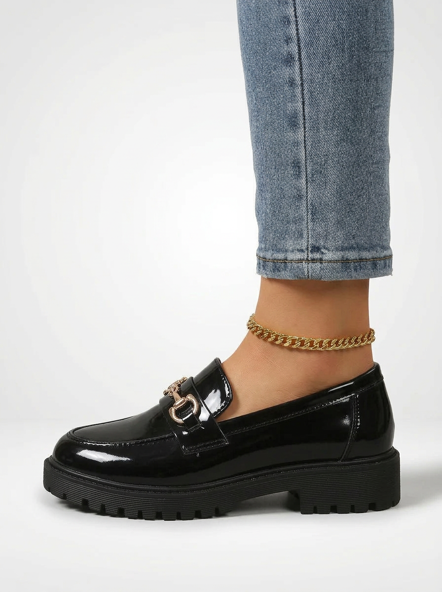 Women's Glossy Chunky Sole Chain Loafers