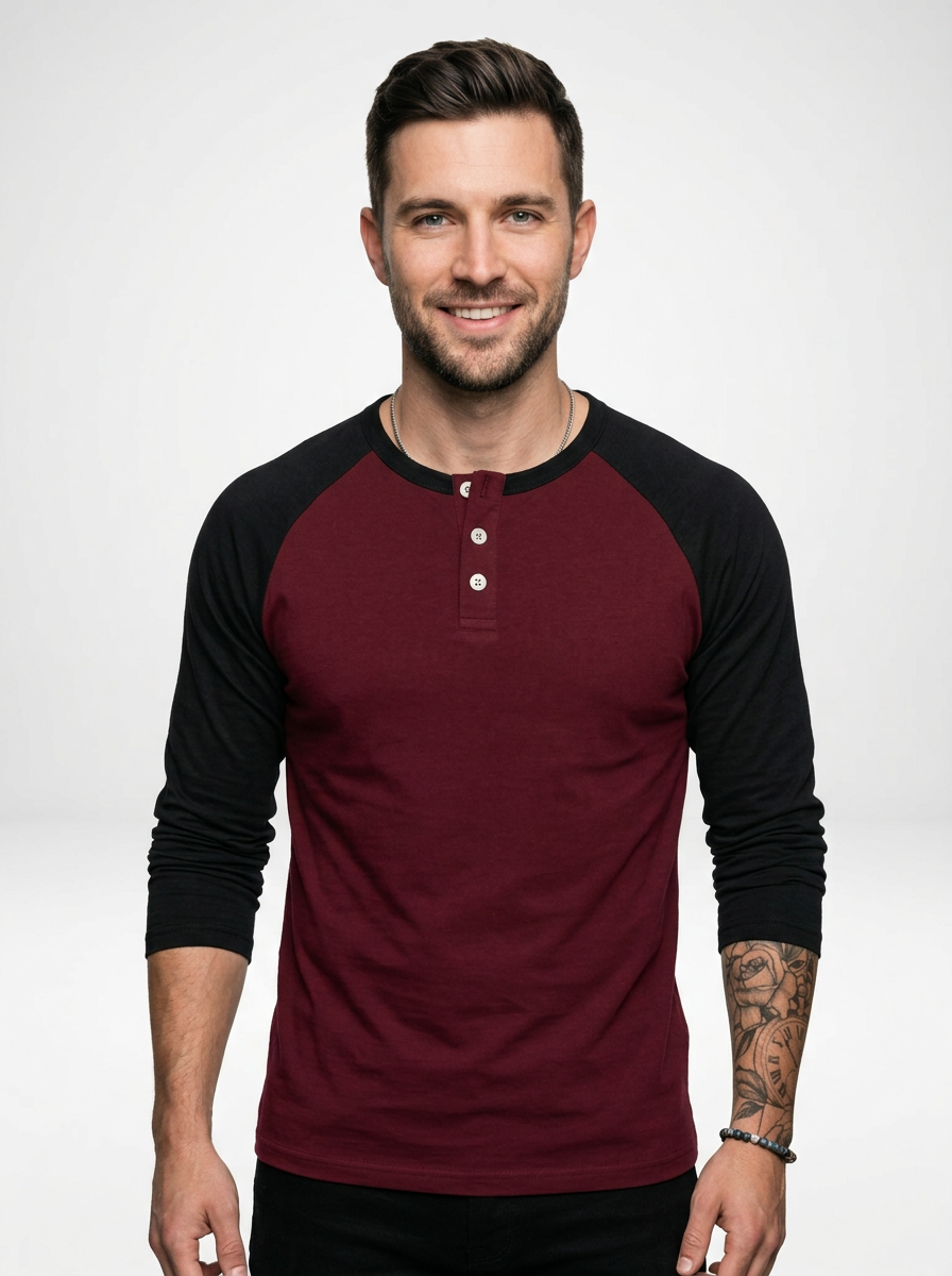 Men’s Long Sleeve Henley Shirt with Contrast Raglan Sleeves