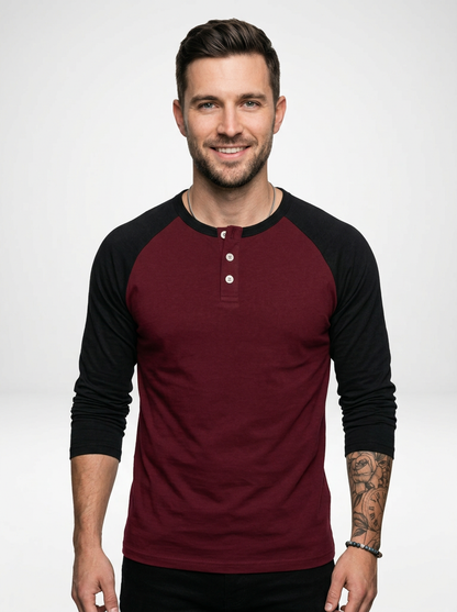 Men’s Long Sleeve Henley Shirt with Contrast Raglan Sleeves