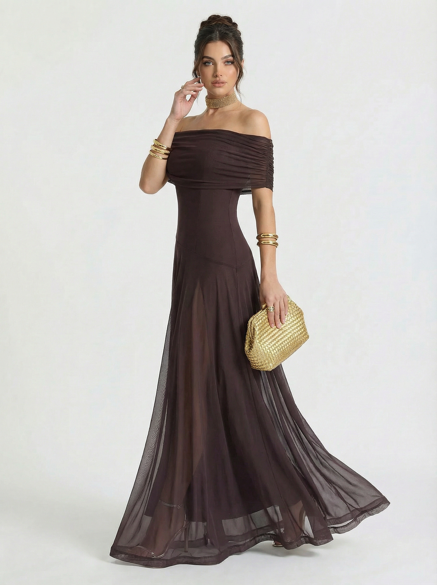 Off Shoulder Flowing Chiffon Maxi Dress