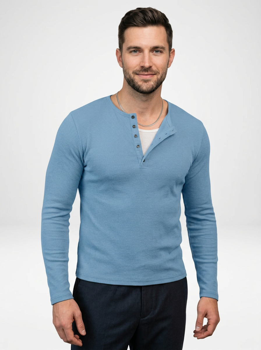 Men’s Ribbed Long-Sleeve Henley Shirt Featuring a Partial Button Front