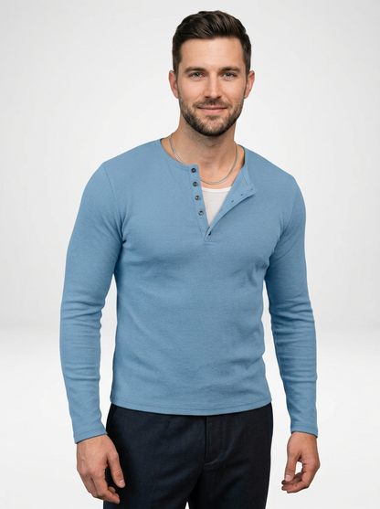 Men’s Ribbed Long-Sleeve Henley Shirt Featuring a Partial Button Front