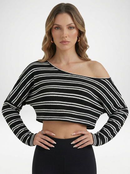 Women's Minimalist Batwing Sleeve Cold Shoulder Crop Blouse