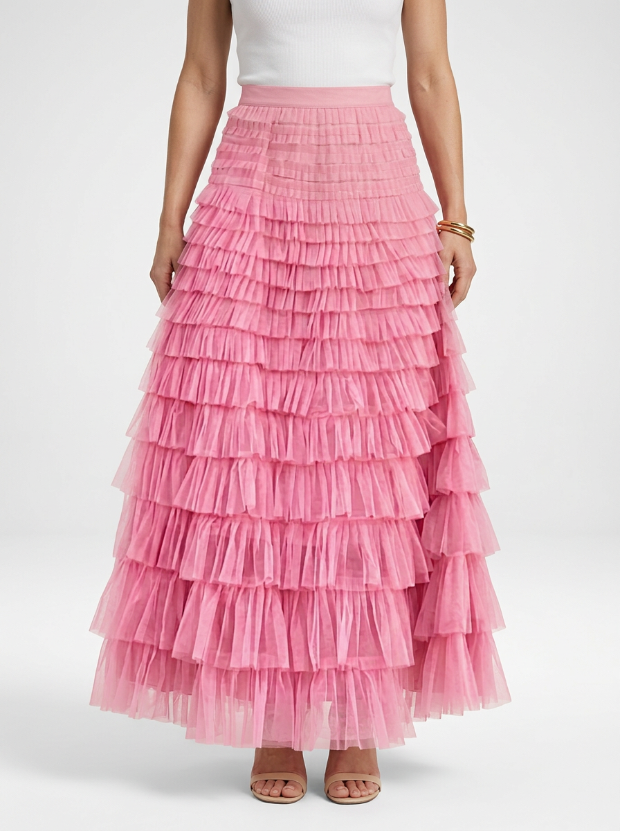 Women's Tulle Maxi Skirt with Elastic High Waist and Layered Silhouette