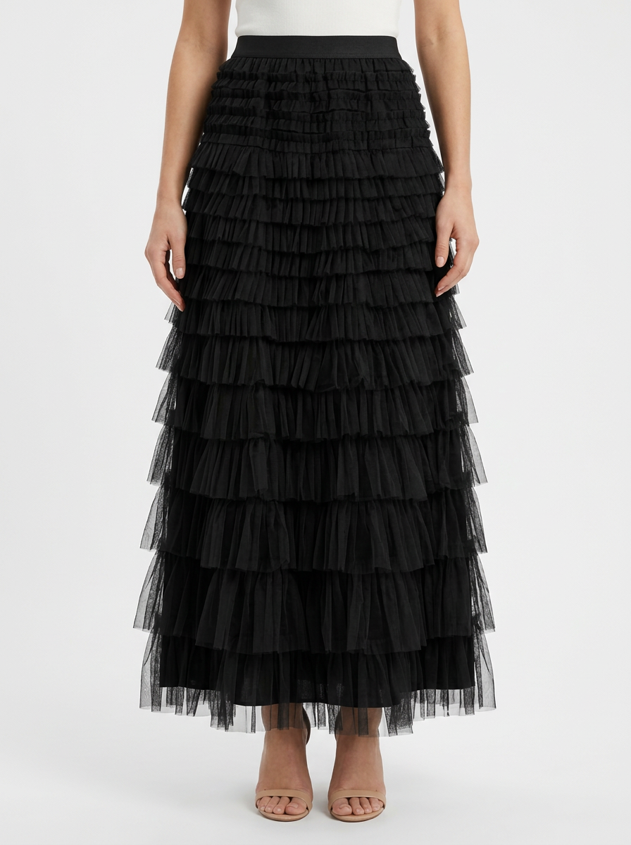 Women's Tulle Maxi Skirt with Elastic High Waist and Layered Silhouette