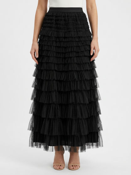 Women's Tulle Maxi Skirt with Elastic High Waist and Layered Silhouette