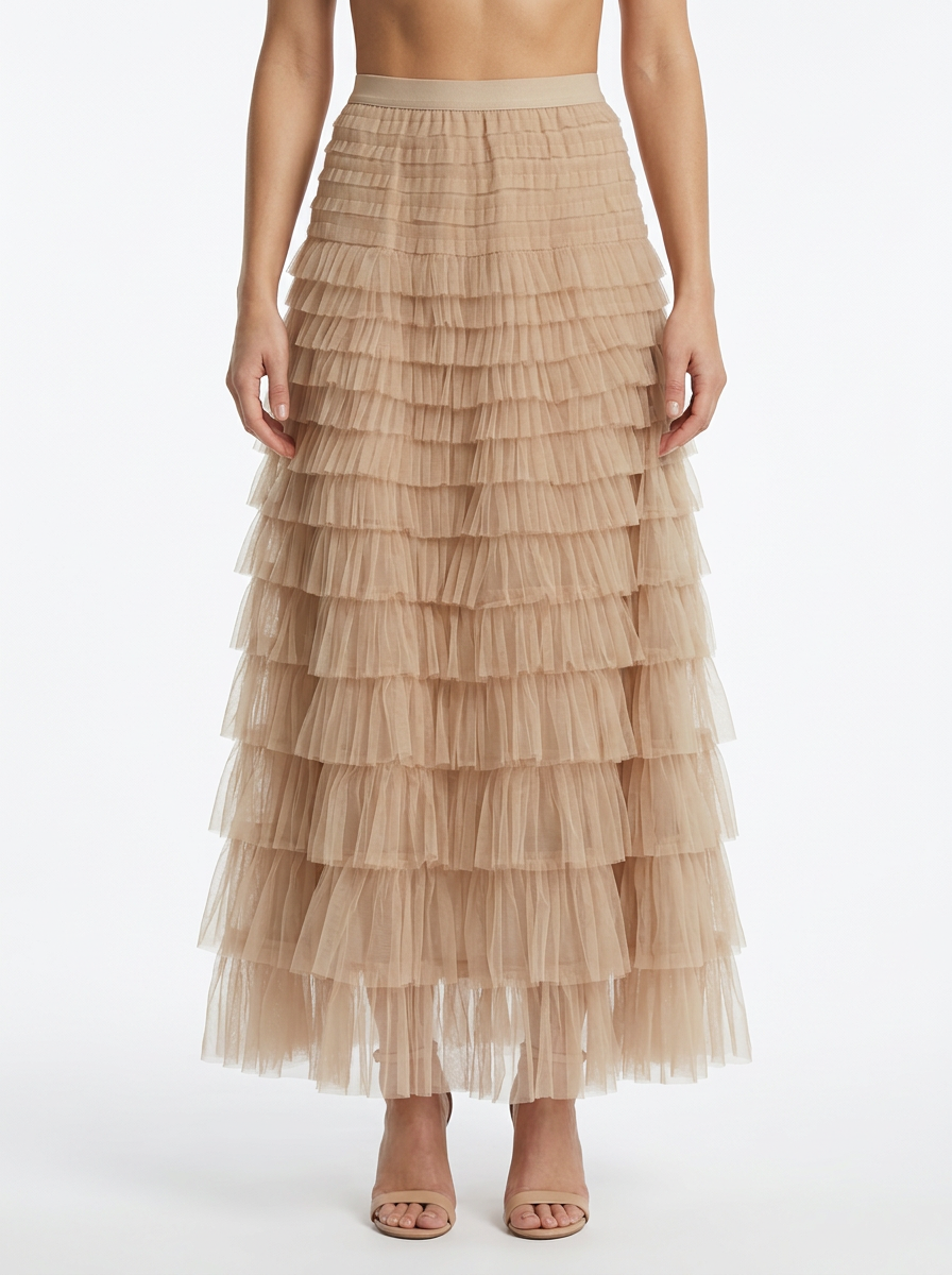 Women's Tulle Maxi Skirt with Elastic High Waist and Layered Silhouette