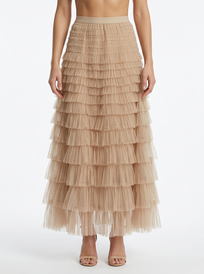 Women's Tulle Maxi Skirt with Elastic High Waist and Layered Silhouette
