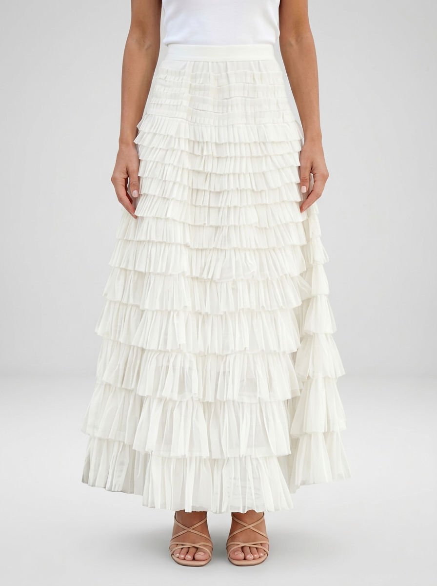 Women's Tulle Maxi Skirt with Elastic High Waist and Layered Silhouette