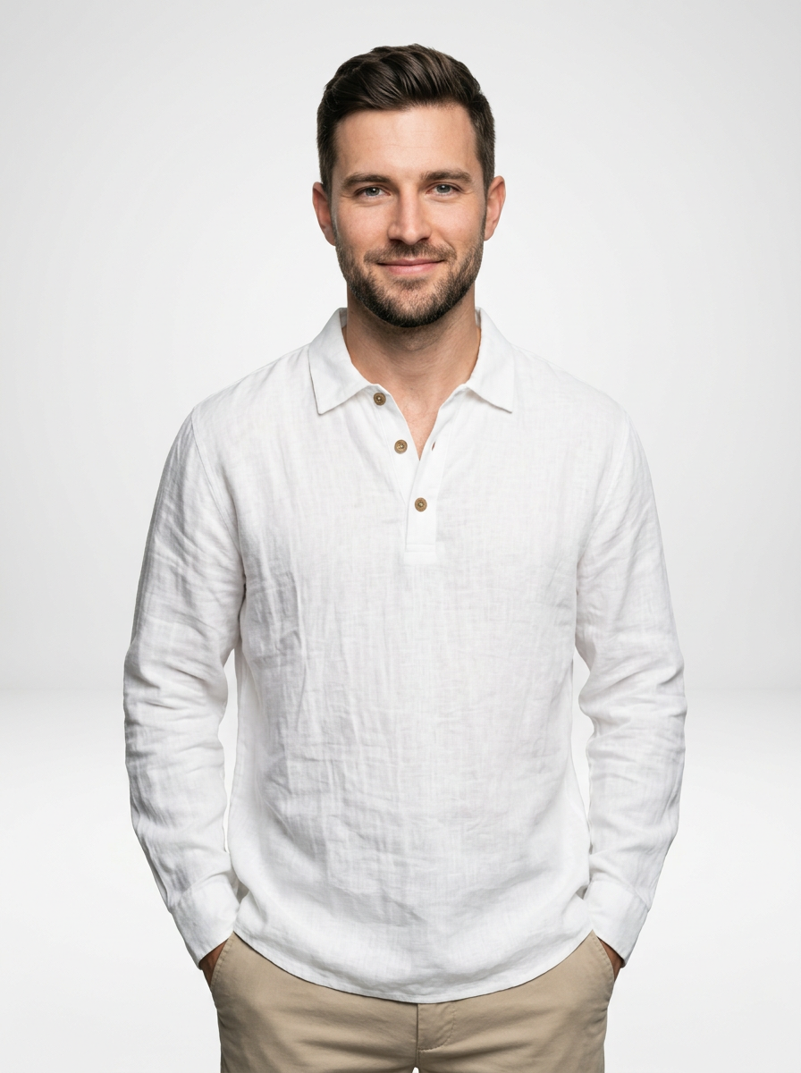 Men’s Linen Long Sleeve Polo Shirt with Relaxed Fit
