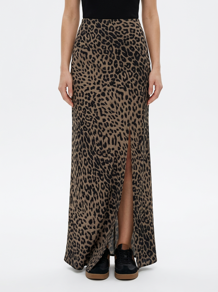Leopard Print Satin High Waist Midi Skirt