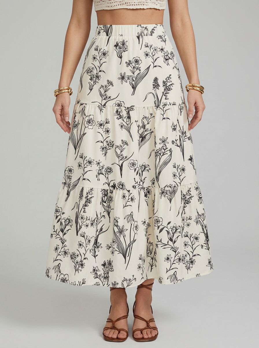 Women's Tiered Midi Skirt with Elastic High Waist