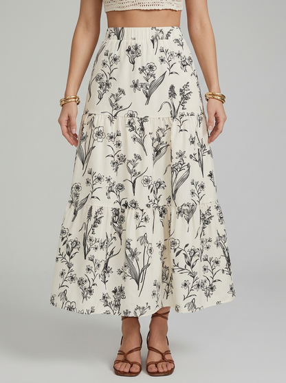 Women's Tiered Midi Skirt with Elastic High Waist