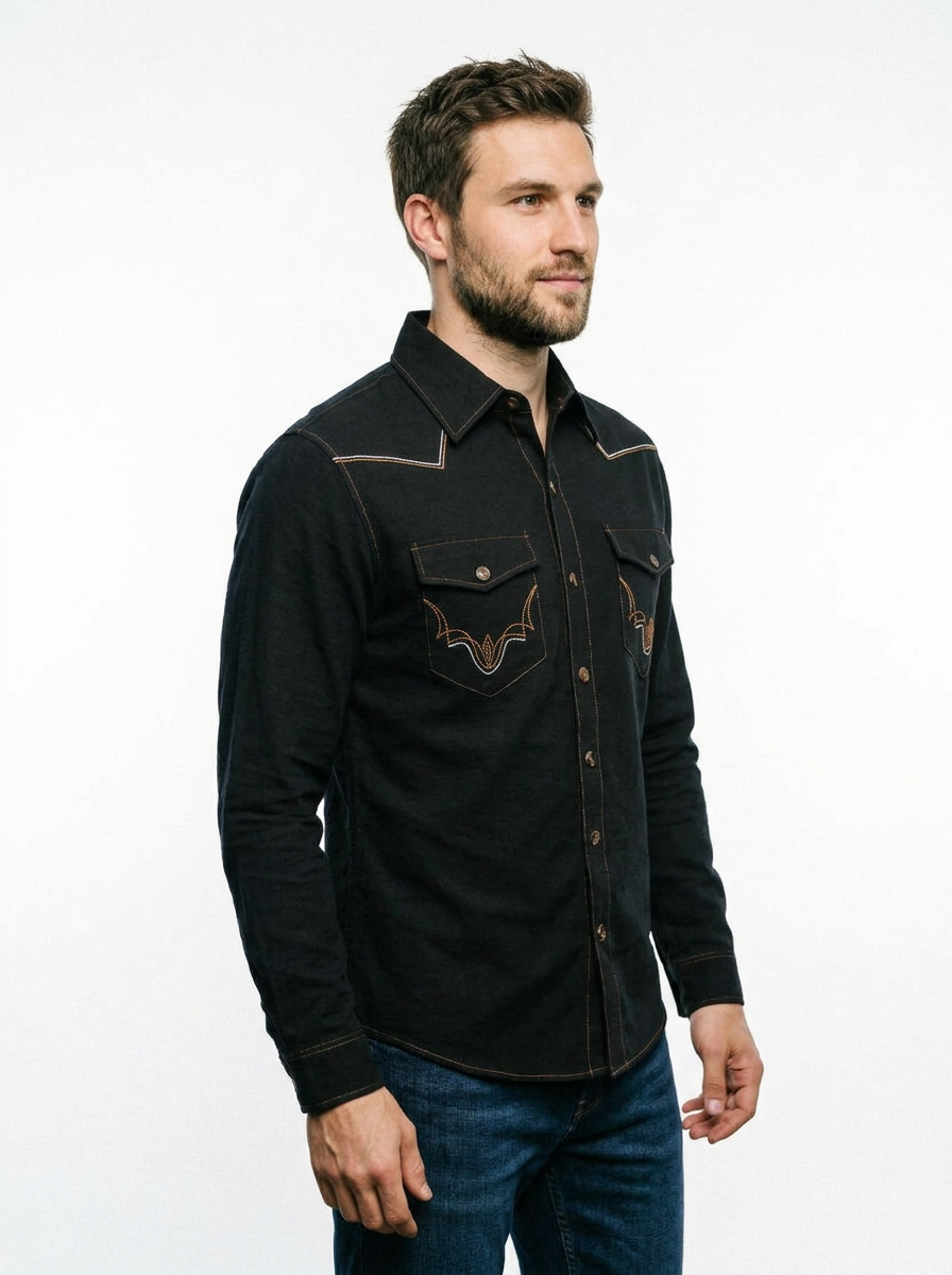 Men’s Traditional Black Cowboy Shirt with Chest Embroidery