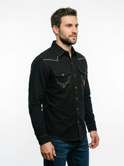 Men’s Traditional Black Cowboy Shirt with Chest Embroidery