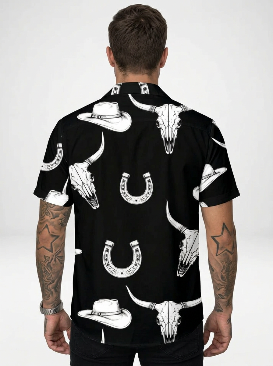 Men’s Western Cowboy Shirt with Bull Skull Print and Short Sleeves
