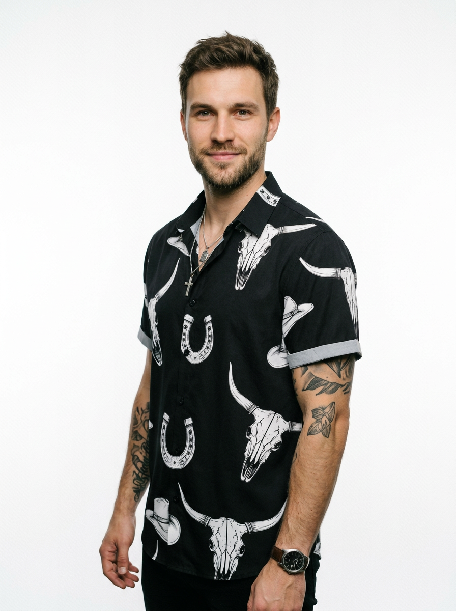 Men’s Western Cowboy Shirt with Bull Skull Print and Short Sleeves