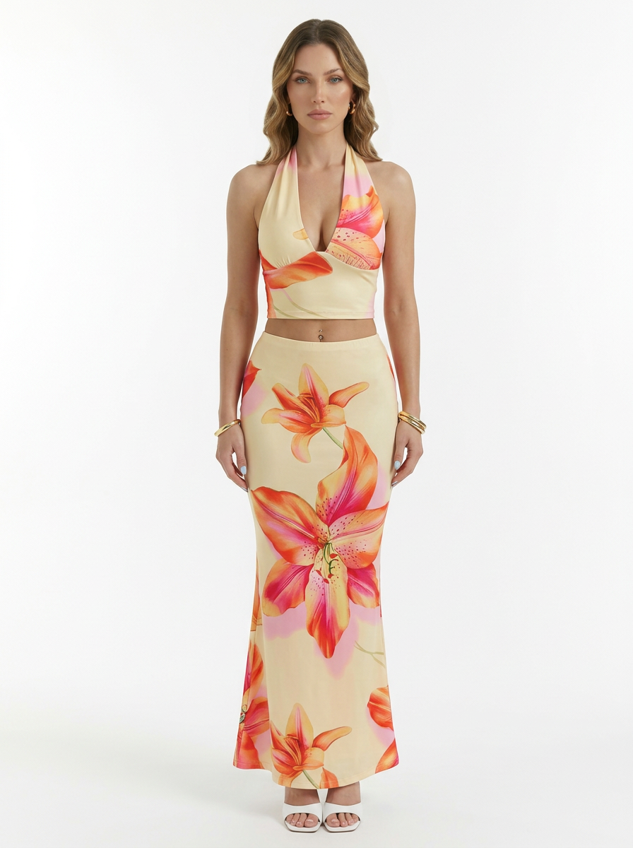 Tropical Halter Crop Top & Maxi Skirt 2 Piece Set