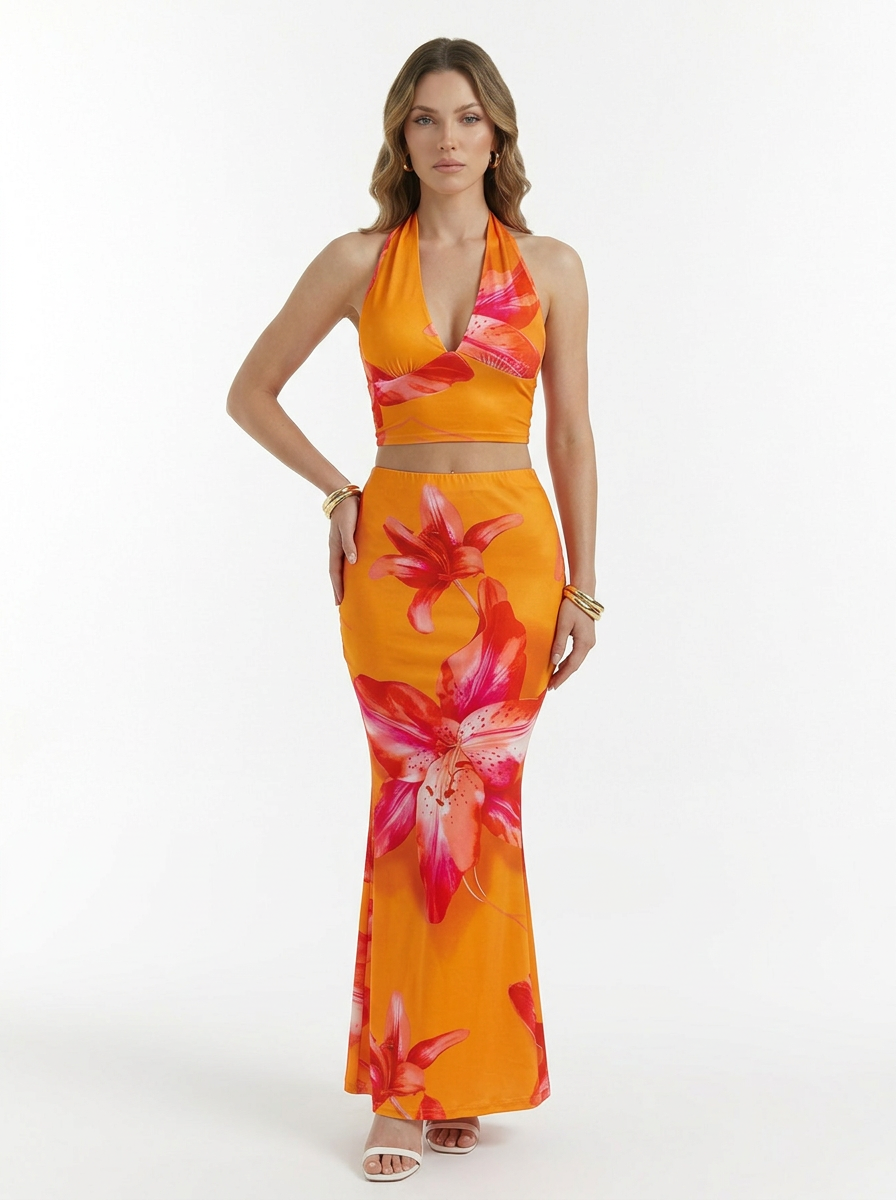 Tropical Halter Crop Top & Maxi Skirt 2 Piece Set