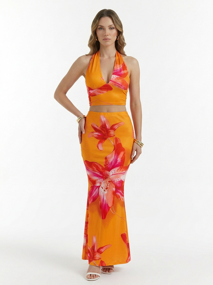 Tropical Halter Crop Top & Maxi Skirt 2 Piece Set