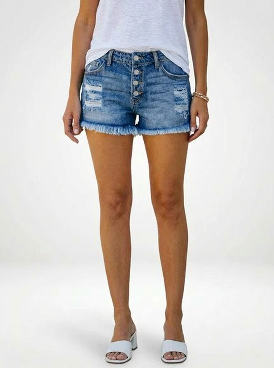 Front Button Denim Jeans Shorts for Women Frayed Hem Design