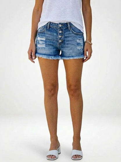Front Button Denim Jeans Shorts for Women Frayed Hem Design