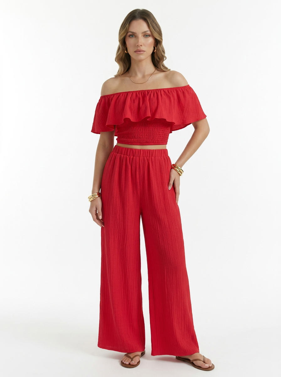Women's Off Shoulder Ruffle Top & Wide Leg Pants Two Piece Set