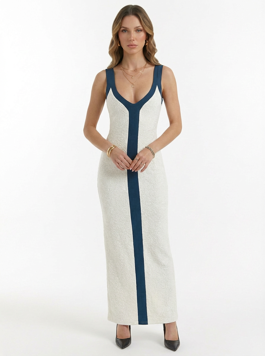 Colorblock Ribbed V Neck Maxi Cocktail Dress