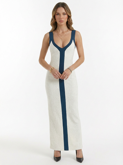 Colorblock Ribbed V Neck Maxi Cocktail Dress
