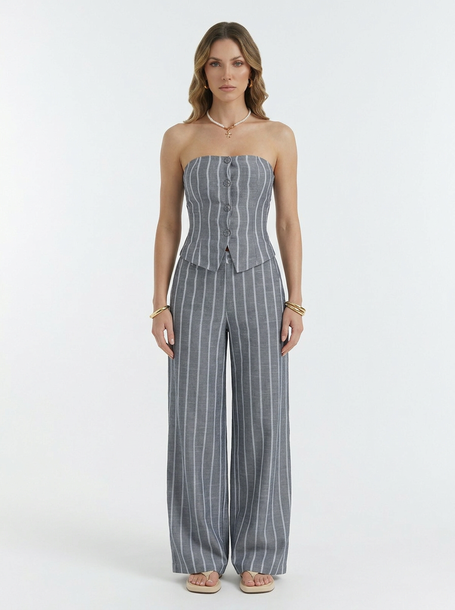 Striped Bandeau Top & Wide Leg Pants 2 Piece Set