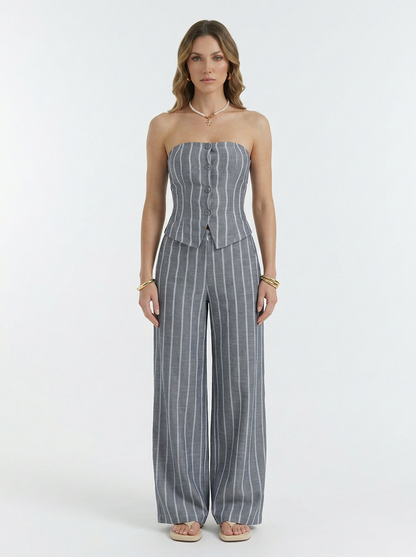 Striped Bandeau Top & Wide Leg Pants 2 Piece Set