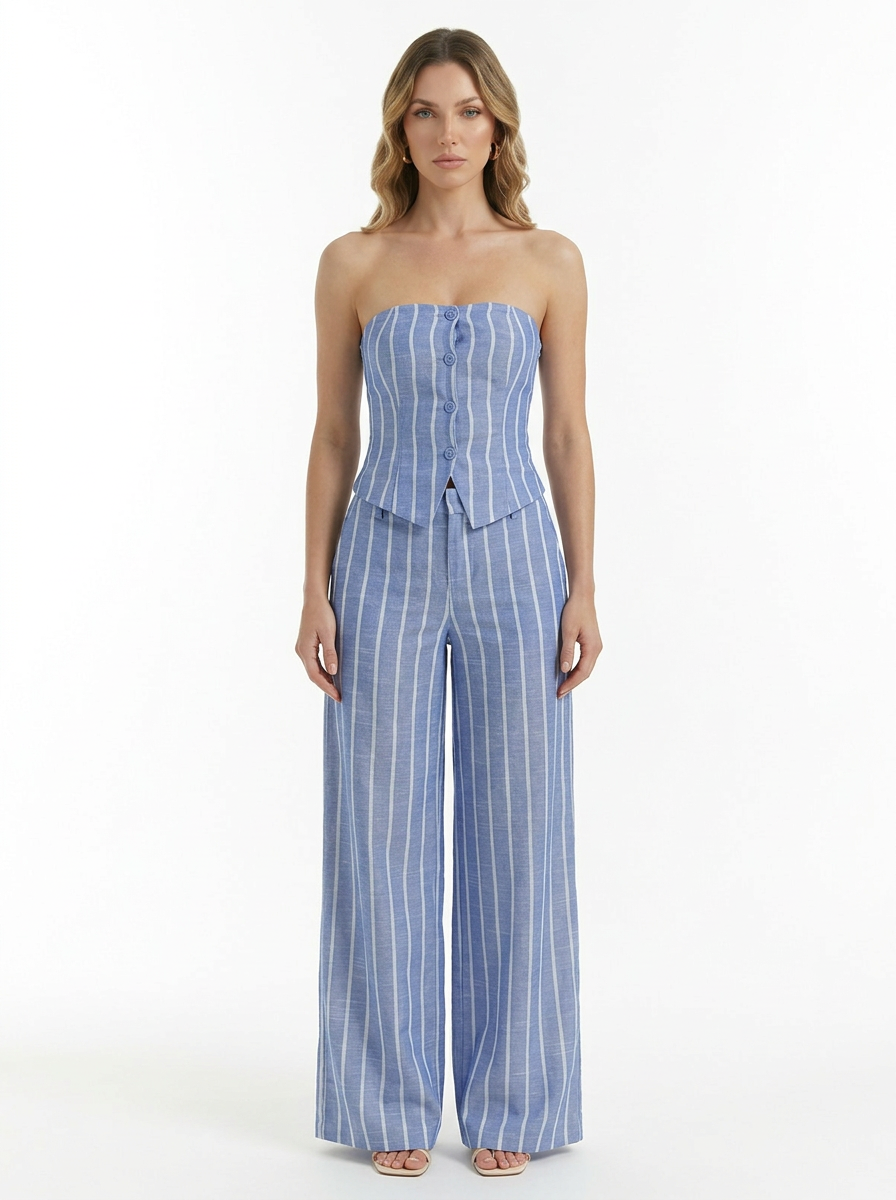 Striped Bandeau Top & Wide Leg Pants 2 Piece Set